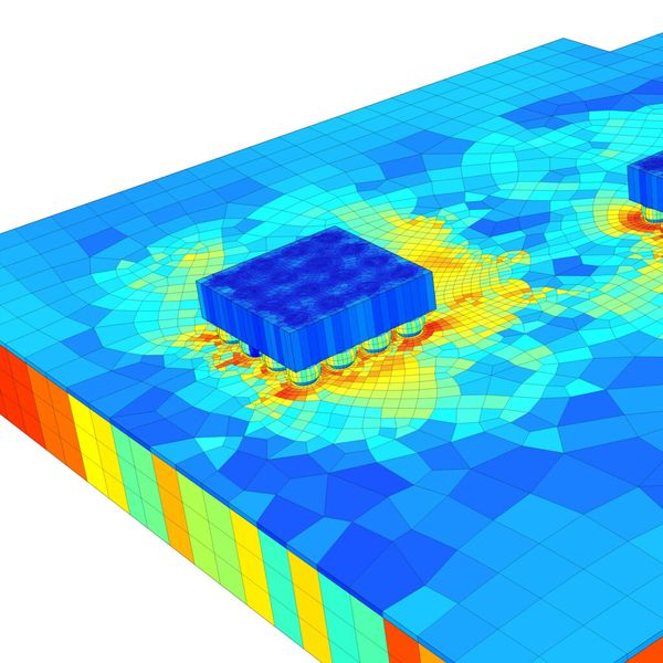 Dieses Modell eines auf eine Leiterplatte aufgelöteten Siliziumchips wurde mit einem Swept Mesh vernetzt. (Bild: Comsol)