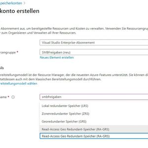 Erstellen eines neuen Speicherkontos für Azure-Dateifreigaben, inklusive Einstellung der Redundanz.(Bild:  Microsoft / Joos)