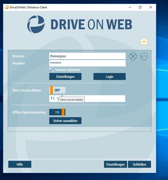 Mit dem Direct-Access-Zugriff kann festgelegt werden, dass der DriveOnWeb-Speicher als Laufwerk im Explorer angebunden werden kann. (Thomas Joos / DriveOnWeb)