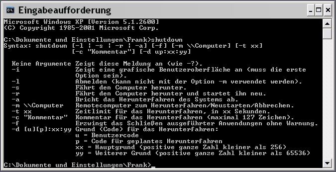 Abbildung 2: Optionen des Befehls Shutdown.exe auf Windows XP (Archiv: Vogel Business Media)