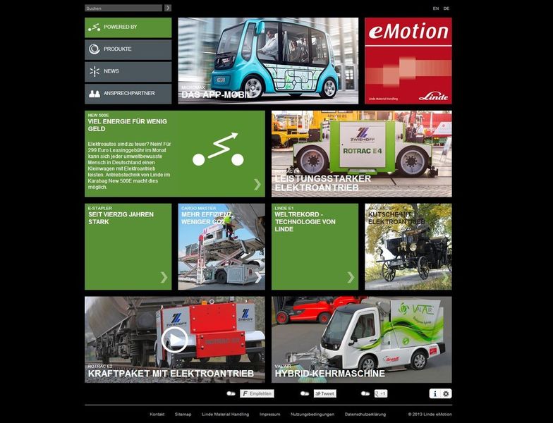 Auf der multimedialen Webseite können Interessenten die Anwendungen und Produkte von eMotion in Aktion erleben und erhalten direkten Kontakt zum Unternehmen. Auch in dieser Ansicht werden wieder die technische Besonderheiten in Form von modularem Aufbau und responsivem Design deutlich. (Bildquelle: Linde Material Handling)