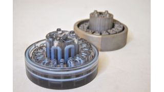 Speedpart is an expert in 3D printing for tool and mold making—such as for contour-close cooling systems in injection molding tools. Right: tool insert additively manufactured via DMLS. Left: PolyJet model for visualizing the internal cooling channels. (Image:Speedpart)