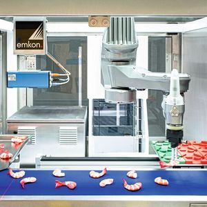 In der Demozelle unterstreicht der TP80 he seine  Dynamik, die erst bei 200 Picks pro Minute endet, beim Verpacken von Shrimps, die er vom laufenden Band abgreift und lagerichtig im Tray ablegt. (Arne von Brill)