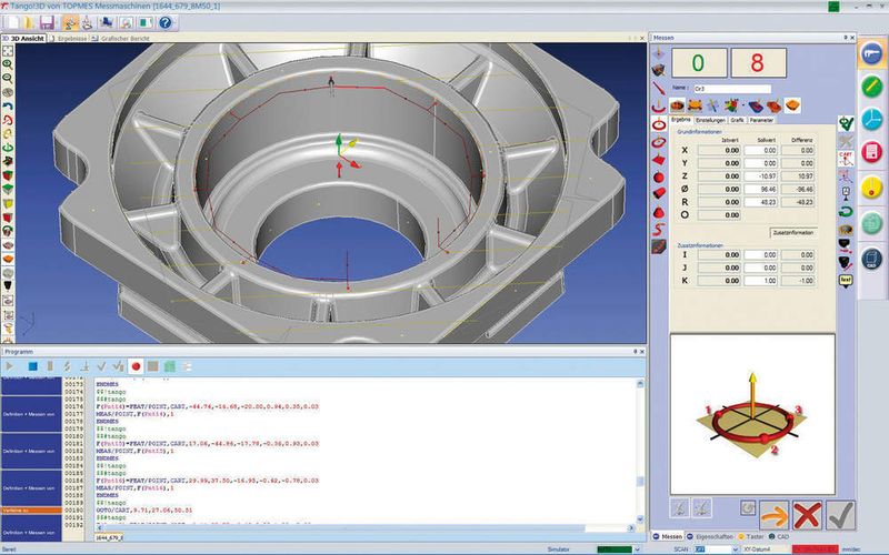 Bild 3: Der Screenshot zeigt die wichtigsten Elemente des Tango!3D-Bildschirms: Grafikfenster mit dreidimensionaler Werkstückdarstellung, Programmfenster mit DMIS- und Klartextprogramm sowie Arbeitsfenster mit den Elementinformationen. Bild: Märklen (Archiv: Vogel Business Media)
