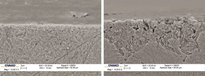 Oberflächenmikrostruktur Ovako 159Q (links) und konventioneller Stahl 16MnCr5 (rechts). Durch Änderung der Anteile der Legierungselemente und gleichzeitige Erhöhung von Ni und Mo, welche die Härtbarkeit unterstützen, entsteht ein Stahl mit einer martensitischen Mikrostruktur (links).  (GWJ)