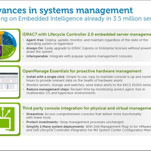 Abbildung 2: In diesem Frühjahr stellt Dell 7 neue Server-Modelle vor, die auf "Intel Xeon E5-2600" basieren. Integriert ist die zweite Generation eines Lifecycle-Managements sowie "Open Essentials" für ein aktives System-Management. Die Funktionen lassen sich in übergeordnete Managment-Werkzeuge einbinden etwa von BMC, CA Technologies oder IBM.  (Bild: Dell)