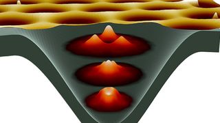 Die elektrisch geladene Spitze eines Rastertunnelmikroskops (oben) und ein zusätzliches Magnetfeld führen zu stabilen, lokalisierten Elektronenzuständen im Graphen. (Nils Freitag (RWTH Aachen) / TU Wien)