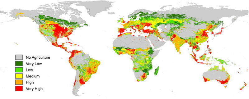 Globale Risikokarte durch den Eintrag von Insektiziden in Fließgewässern. (Quelle: Environmental Pollution/ Elsevier)