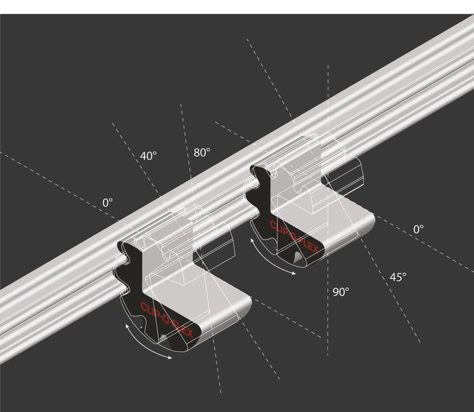Herzstück von Clip-o-flex ist das Einhängeprofil, das in unterschiedlichen Winkeln zwischen0 und 90° an der Aluminium-Schiene positioniert wird. (Bild: Hahn+Kolb)