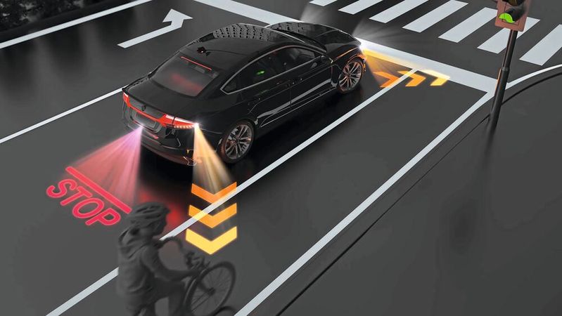 Digitale Lichtprojektion: Für die Projektion von Symbolen und Lichtmarkierungen kommen leistungsstarke LEDs zusammen mit Elektronik umd Software zum Einsatz. Digitale Lichtprojektion: Für die Projektion von Symbolen und Lichtmarkierungen kommen leistungsstarke LEDs zusammen mit Elektronik umd Software zum Einsatz.