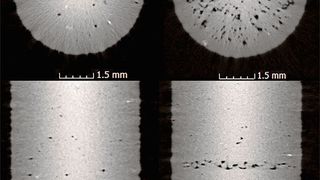 Schnittansicht (axial und transversal) durch das 3D-Volumen von Referenzprobe (links) und präparierter Probe (rechts). (Bild: Visiconsult)