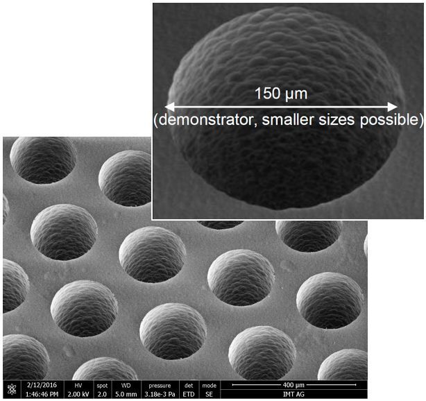 Zu den Leistungen von IMT zählen strukturierte metallische und dielektrische Beschichtungen, Ätzen von Kanälen und Nanostrukturen, Integration von „on-chip“-Elektroden, Wellenleitern, optischen Filtern und biokompatiblen Materialien. (IMT)