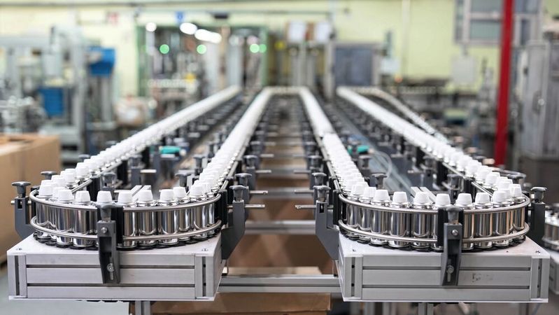 Ein Vorteil der Gliederkettenförderer von Minitec: Sie erlauben sehr kleine Kurvenradien, was ein hohes Puffervolumen der Spraydosen ermöglicht.(Bild:  Minitec)