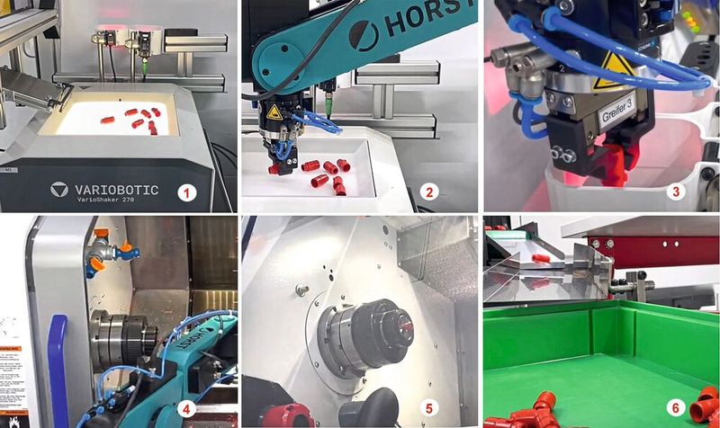 Automationsablauf bei der Spritzguss-Kunststoffbearbeitung: 1. Die Rohteile werden aus dem Bunker über einen Bauteilvereinzeler (Varioshaker) mit Durchlicht zugeführt. 2. Der 6-Achs-Industrieroboter Horst 900 nimmt die vereinzelten Teile mit einem 2-Backen-Parallelgreifer auf. 3. Je nach Variante werden die Teile dann nochmals über einen Bildvergleichssensor in ihrer Rotationsachse ausgerichtet oder direkt umgegriffen und 4. in das Spannfutter des Drehautomaten eingelegt, 5. wo es zur Bearbeitung fixiert ist. 6. Die Fertigteile werden über das Werkstücktransportband ausgebracht. (Bild: KSKOMM)