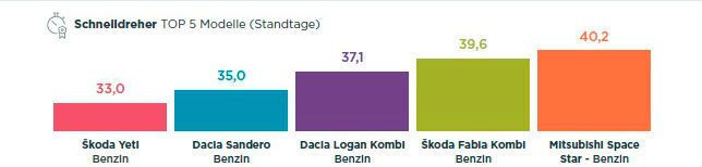 Das sind die Schnelldreher vom Mai 2019. Ihre Standtage liegen deutlich unter dem Durchschnitt von 73,5 Tagen für Benziner. (Schwacke)