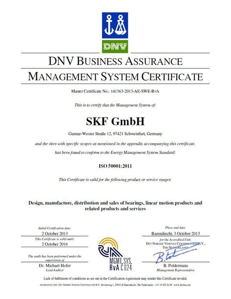 Als erster Standort innerhalb der weltweiten SKF-Gruppe erhielt Schweinfurt (inklusive Meckesheim) eine Zertifizierung gemäß der neuen Energiemanagement-Norm ISO 50001. (Bild: SKF)