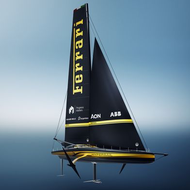 Ferrari Hypersail ist eine 100-Fuß-Tragflügel-Einrumpfyacht, die vollständig mit erneuerbarer Energie betrieben wird.  (Bild: ABB / Ferrari Hypersail)