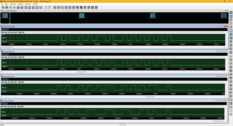 Bild 6: Eine AWG-Sequenz mit vier verschiedenen PSI5-Nachrichten. Diese Meldungen werden nahezu in Echtzeit geändert, während der Test ausgeführt wird.