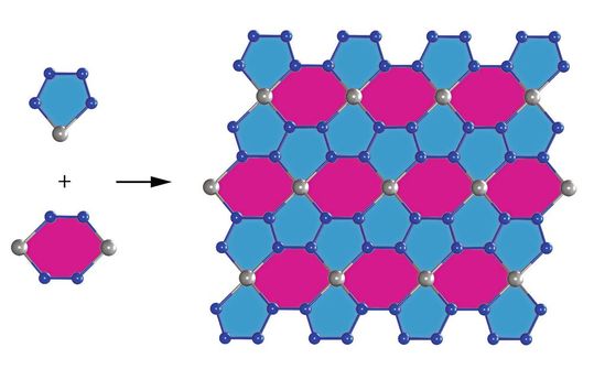 Eine einzelne Beryllonitren-Schicht besteht aus BeN₄-Fünfecken und Be₂N₄-Sechsecken. Die Beryllium-Atome sind als graue Bällchen, Stickstoff-Atome als blaue Bällchen dargestellt. Eine einzelne Beryllonitren-Schicht besteht aus BeN₄-Fünfecken und Be₂N₄-Sechsecken. Die Beryllium-Atome sind als graue Bällchen, Stickstoff-Atome als blaue Bällchen dargestellt.