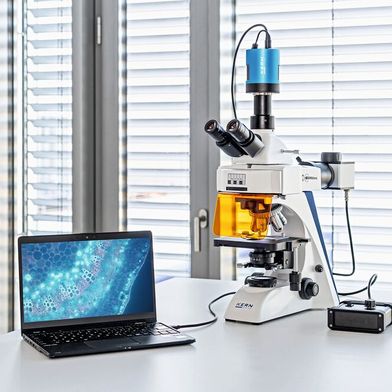 Das Fluoreszenzmikroskop Kern OBN 142 ist auch als digitale Komplettlösung mit gekühlter Fluoreszenzkamera, Adapter und Software erhältlich.  (Bild: Kern & Sohn)