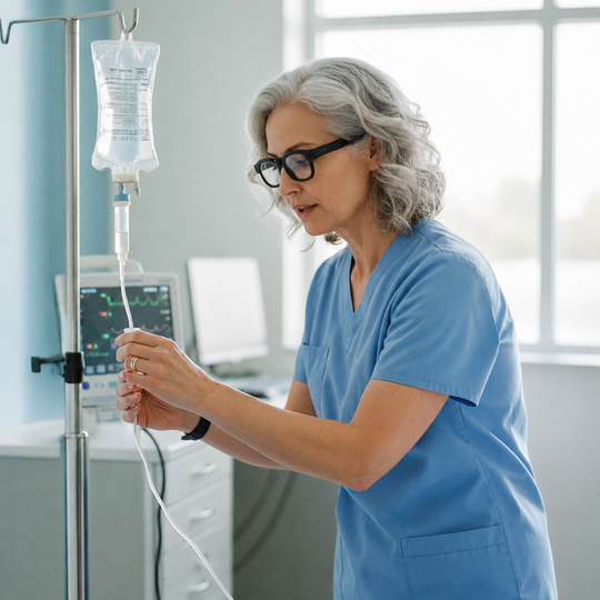 Eine Krankenschwester richtet in einer klinischen Umgebung einen Infusionsanschluss ein und veranschaulicht damit den Einsatz medizinischer Geräte in der Praxis.(Bild:  Tobii AB)
