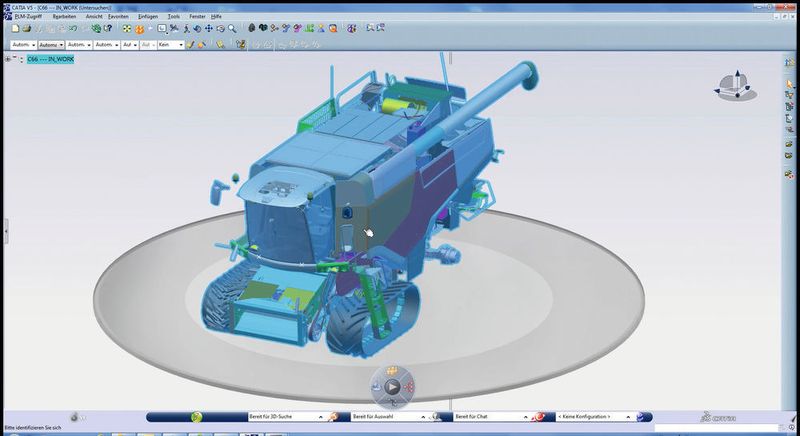 Das Bild zeigt ein virtuelles Modell eines Claas-Mähdreschers in der 3D-Experience-Umgebung. (Dassault Systèmes)