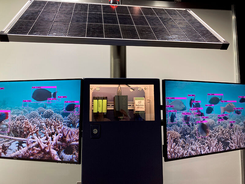 Aufgeständert steht diese Box mit dem an einer Hutschiene befestigten EdgeKit und der Solarzelle am oberen Ende auf dem Boden einer Lagune auf den Malediven, um das Leben der Korallen und der Riffbewohner zu analysieren.