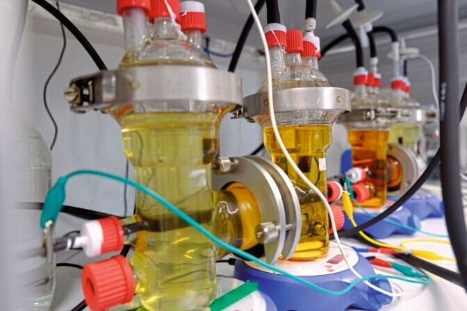 In kleinen Bioreaktoren können die Forschenden die Bedingungen der mikrobiellen Elektrosynthese genau kontrollieren. (Bild: Ronja Münch/Leibniz-HKI)