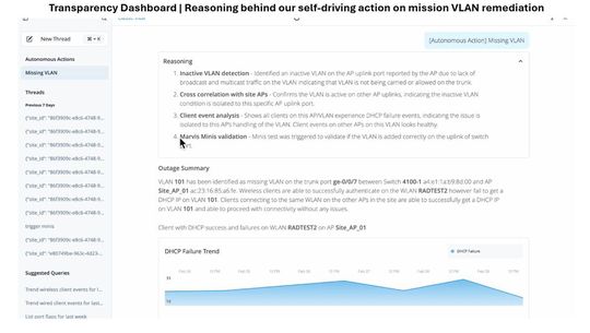 Das Transparency Dashboard dokumentiert die Entscheidungslogik hinter einer autonomen VLAN-Korrektur. Das System protokolliert jeden Analyseschritt, von der Erkennung über die Kreuzkorrelation bis zur Validierung.(Bild:  HPE)