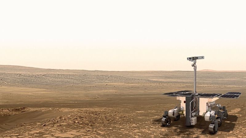 So sieht der europäische Rover aus. Maxon ist hier mit mehr als 50 Aktuatoren, vom Radantrieb über die Probenverteilung bis zur Kamerabewegung, in 17 verschiedenen Konfigurationen aus bürstenbehafteten oder -losen DC-Motoren in Kombination mit Getrieben, Bremsen und Encodern dabei.  (ESA)