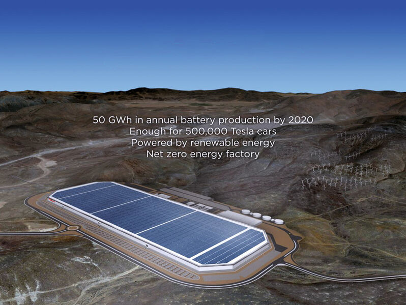 Die Tesla-Gigafactory entsteht in Nevada. Sie soll ihre Energie selber produzieren und so die Umwelt entlasten und Vorbild für andere Produktionsstätten sein. (Bild: Tesla)