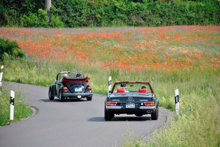 Welches ist das kultigere Cabrio? Der Bandbreite der bei der Sachs Franken Classic vertretenen Fahrzeuge war wie immer groß – sehr zur Freude der vielen tausend Zuschauer entlang der Route. (Dominsky)