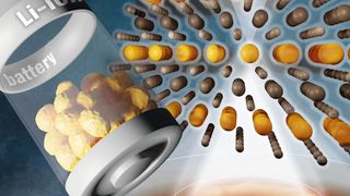 Tritt ein Stem-Elektronenstrahl (weiß) durch die Anordnung der Atome in Lithium-Nickel-Oxid (Bildmitte), so entsteht ein Bild (unten), aus dem auf die Lage der Atome zurückgerechnet werden kann.  (Elisa Monte, JLU)