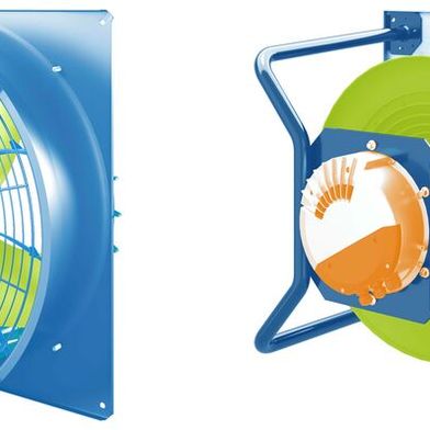 Die zentralen Funktionsbereiche des Ventilators in Axial- (links) und Radialventilatoren (rechts): das Laufrad als aerodynamisches Herzstück (grün), der Motor mit integrierter Elektronik als Antriebseinheit (orange) sowie der Stator, das heißt die luftführenden und tragenden Strukturen (blau).  (Bild: EBM-Papst)