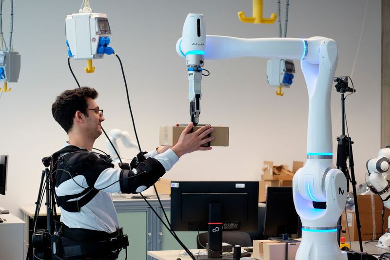 Forscher Federica Masiero nimmt ein Päckchen entgegen, dessen Gewicht der Roboter vorher bereits an das Exoskelett übermittelt hat.  (Bild: Andreas Schmitz / TUM)