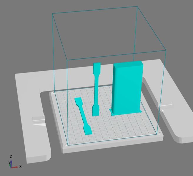 Voxelfill-Versuchsaufbau: Zugstabgeometrien zur Bestimmung der XY-Festigkeit sowie der Z-Festigkeit. (Bild: NEW AIM3D)