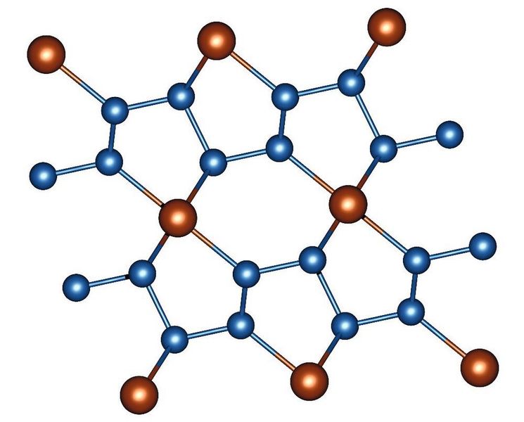 Abb. 1: Ausschnitt aus der Kristallstruktur von FeN₄. Stickstoffatome sind blau, Eisenatome braun. (Maxim Bykov)