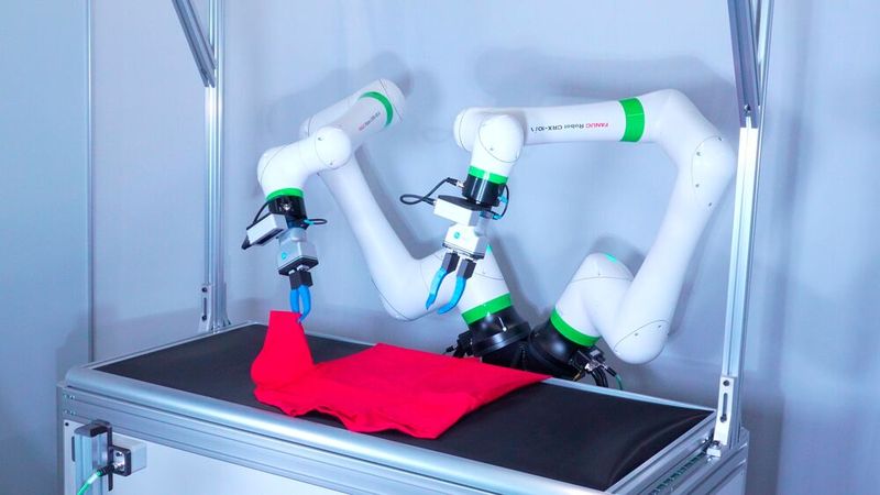 Mithilfe von Bewegungen, die durch imitatives Lernen in Echtzeit generiert werden, falten zwei CRX-Roboter selbstständig T-Shirts, während sie das Objekt mithilfe von Kameras visuell erkennen. (Bild: Fanuc)