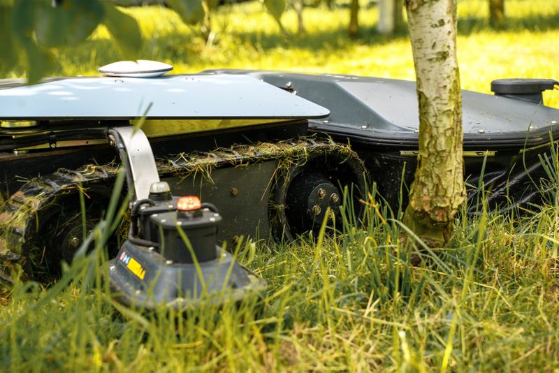 Scarabaeus ist für die Landwirtschaft mit Fokus auf Parzellen von bis zu acht Hektar bestimmt und verfügt über einen seitlichen Ausleger mit Berührungssensorik und Zusatzmähscheiben für schonendes, komplettes Mähen auch in direkter Baumnähe. (Bild: Brüggli Industrie)
