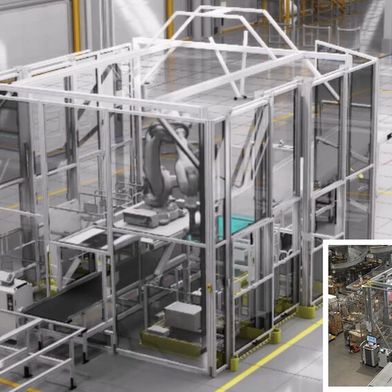 ABB Robotics und Nvidia machen den flächendeckenden Einsatz von physischer KI für die Roboterwelt möglich. So können Systeme virtuell und hoch präzise entstehen und viel günstiger optimiert werden. Im großen Bild das virtuelle System, daneben die echte Roboterzelle ... (Bild: ABB)