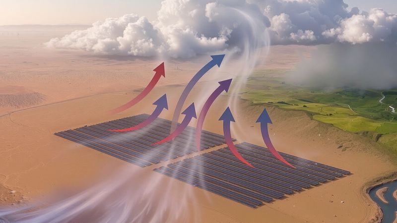 Sobald Solarparks eine bestimmte Größe überschreiten, könnten sie der warmen Luft genug Auftrieb geben, dass diese Atmosphärenschichten erreicht. Dort kondensiert das Wasser, es entstehen Regen und Gewitter.(Bild:  Uni Hohenheim/Unger)