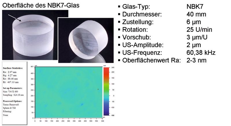 Bild 9: Die Bearbeitungsergebnisse auf optischem Glas. (Bild: Fraunhofer-IPT)