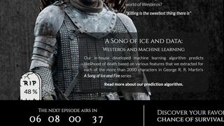 Die Hauptseite des Projekts „A Song of Ice and Data“ zeigt zwei Hauptfiguren und deren voraussichtliche Todeswahrscheinlichkeit in der Serie „Game of Thrones“. (GoT-Team / TUM)