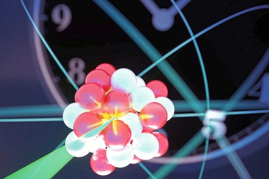 Künstlerische Darstellung der Laserabfrage eines hochgeladenen Uhren-Ions Künstlerische Darstellung der Laserabfrage eines hochgeladenen Uhren-Ions