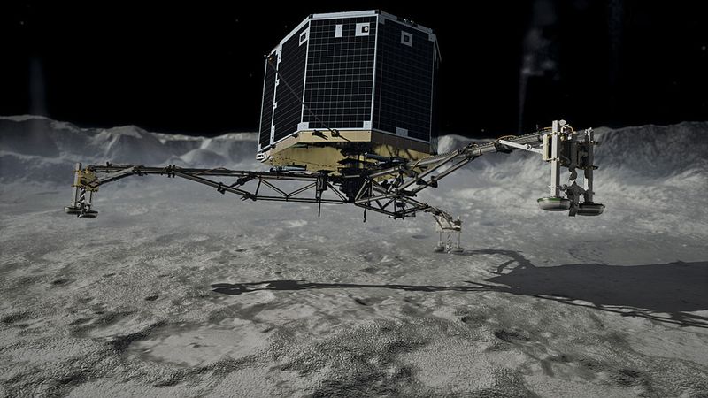 Das Problem ist nicht, bei der Landung zu zerschellen - die auf der Erde 100 kg schwere Landesonde wiegt auf dem 4 km großen Kometen nur wenige Gramm. Die Schwierigkeit besteht vielmehr darin, dass der Philae-Lander nicht wieder vom Kometen abprallt. (Bild: DLR)