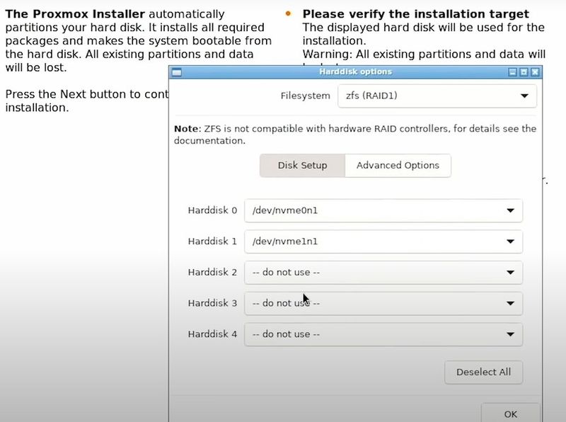 Der Proxmox-Installer bietet ZFS mit RAID 1 direkt bei der Einrichtung an und veranschaulicht die enge Verzahnung von Pool-Layout und Erstinstallation auf NVMe-Disks. (Bild: Joos)
