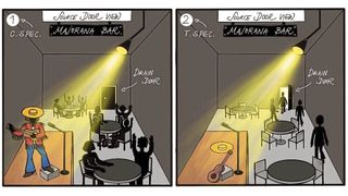 Illustrierte Majorana Rockstar Metapher: Das „falsche“ Majorana-Teilchen enthüllt seine wahre Identität, wenn man es aus zwei verschiedenen Blickwinkel betrachtet. Denn anders als ein echtes Majorana, verlässt es einfach die Bühne, wenn sich die Gelegenheit dazu bietet (Details im Text). (Bild: ISTA)