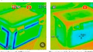 Das bleibt lange temperaturstabil! Links sieht man blau den Verlust von Kühlluft bei einer Pharmatransportbox der üblichen Art. Rechts ist die Panasonic-Kühlbox Vixell zu sehen, bei der so gut wie nichts an Kühlleistung verloren geht. (Bild: Panasonic)