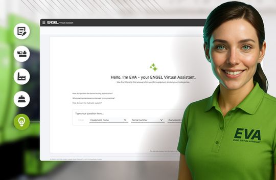 Mit Inject AI zeigt Engel, wie aus Maschinendaten verständliche Antworten werden. Herzstück ist der Engel Virtual Assistant, kurz EVA, der Fragen in natürlicher Sprache versteht, sie in den Maschinen- und Prozesskontext einordnet und den nächsten Handlungsschritt vorschlägt.(Bild:  Engel)