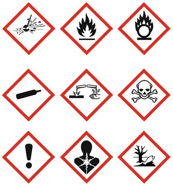 Bild 1: Für die Einstufung und Kennzeichnung von chemischen Stoffen und Gemischen gibt es neue Piktogramme, die sich stark an die des Gefahrguts anlehnen.  (Bild: Dekra)